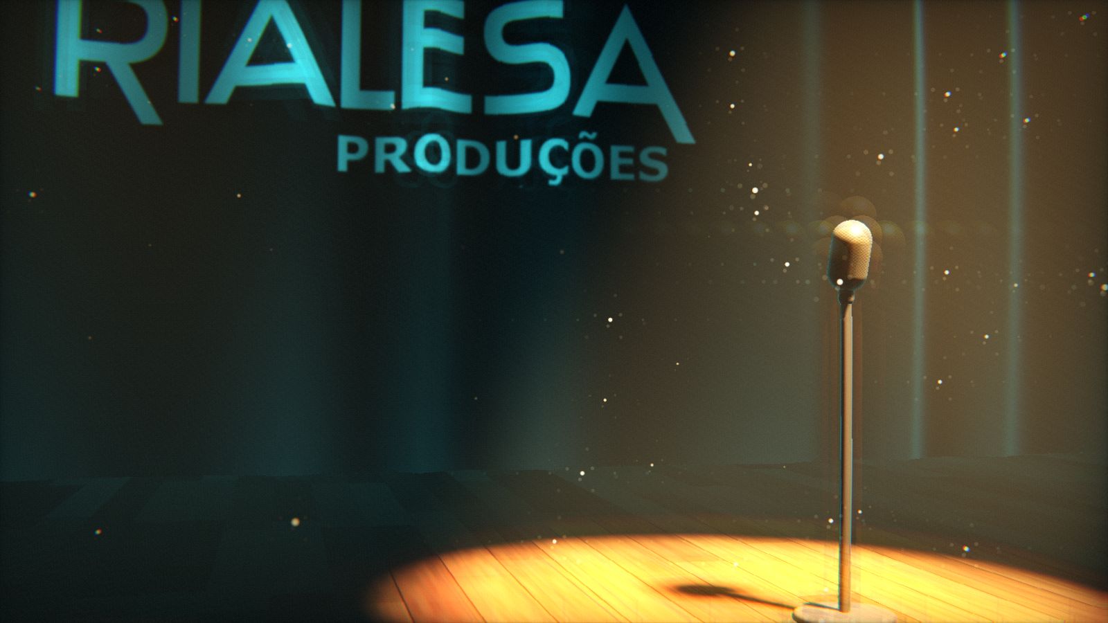 Microfone num palco, com o logótipo da Rialesa Produções na cortina